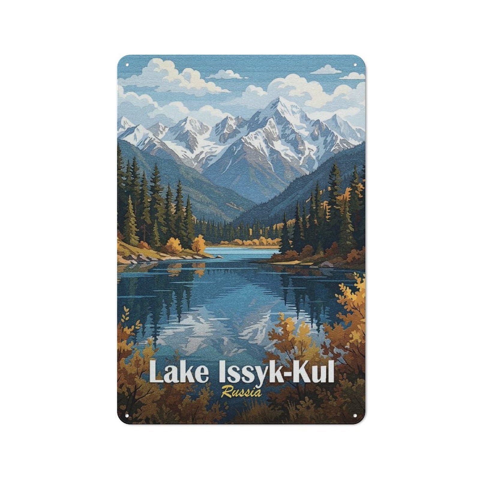 Junmoney Style-8 Tin Wall Plaque 30X20cm With Lake Issyk-Kul, Russia Landscape Art For Workshop Wall, Housewarming Wall Decor For People Furnishing Workshop