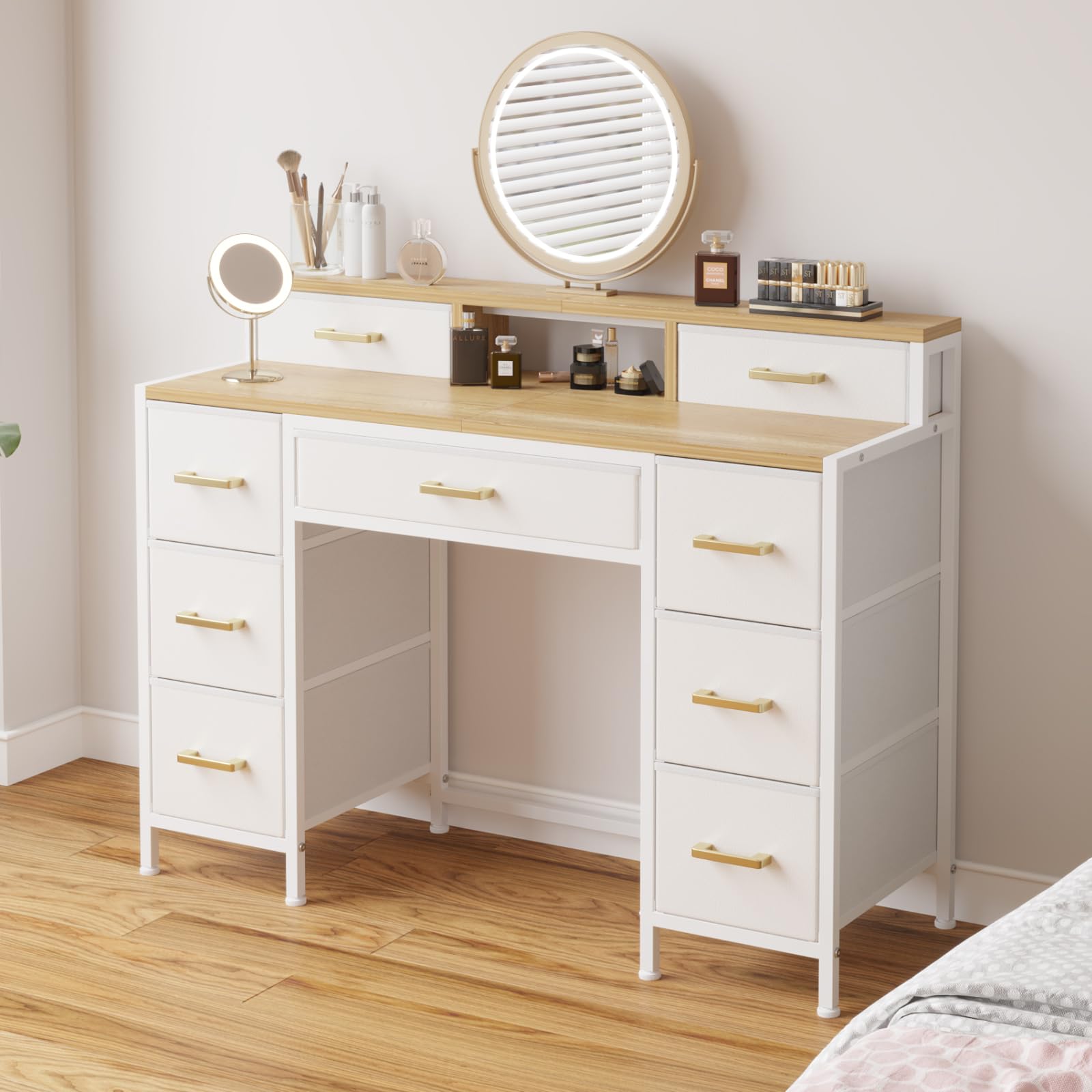 Amazon Brand - Umi Modern Vanity Dressing Table, Study Table, Computer Desk with 9 Fabric Drawers Open Shelves Multipurpose Table Storage Organizer for Living Room Bedroom Office 120x40x90cm (White)-image-8