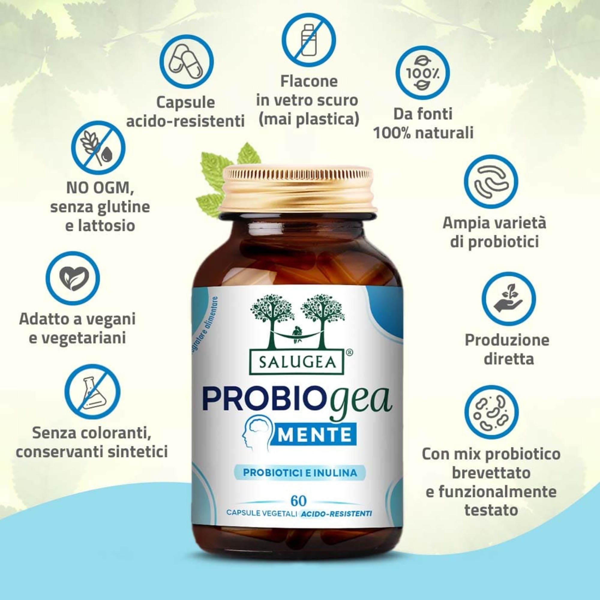 ProbioGea Mente Salugea - Probiotici e Benessere Mentale - 60 Capsule Vegetali - Flacone In Vetro Scuro