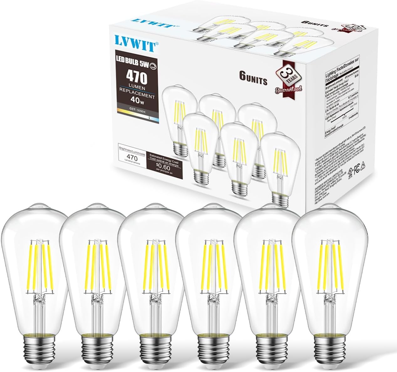 LVWIT ST21 LED Edison Light Bulbs 5W(40W Equivalent) Dimmable 5000K Warm White Vintage Edison Light Bulb E26 Medium Base, Antique Glass Style for Home, Bedroom, Office, Farmhouse(6-Pack)