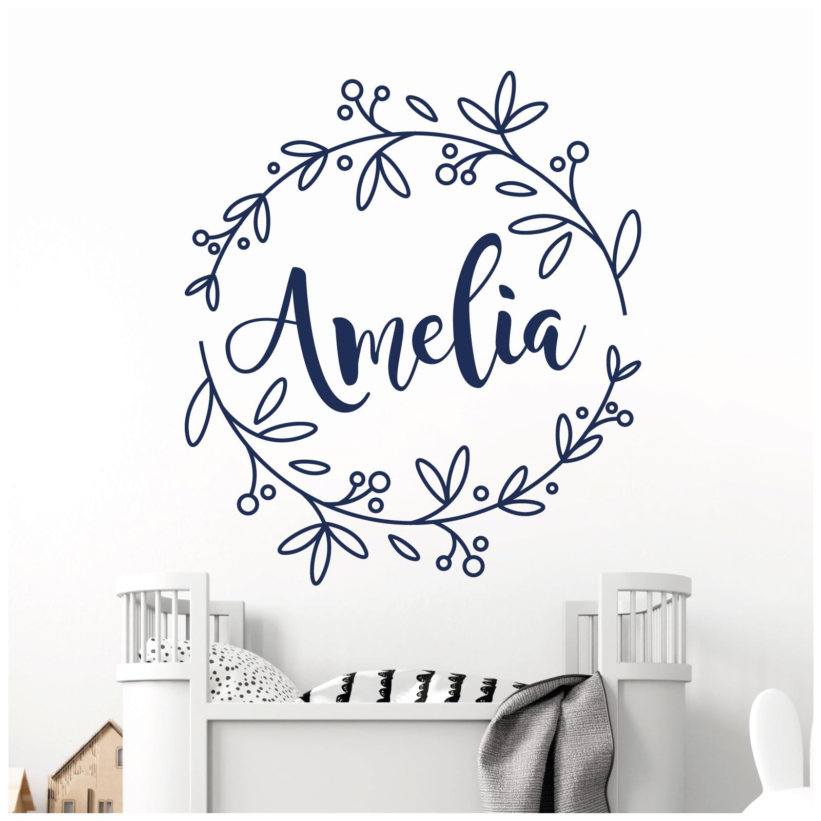 Personalised Name - Floral Wreath - Nursery Vinyl Wall Decal Sticker [Medium] [Cobalt]