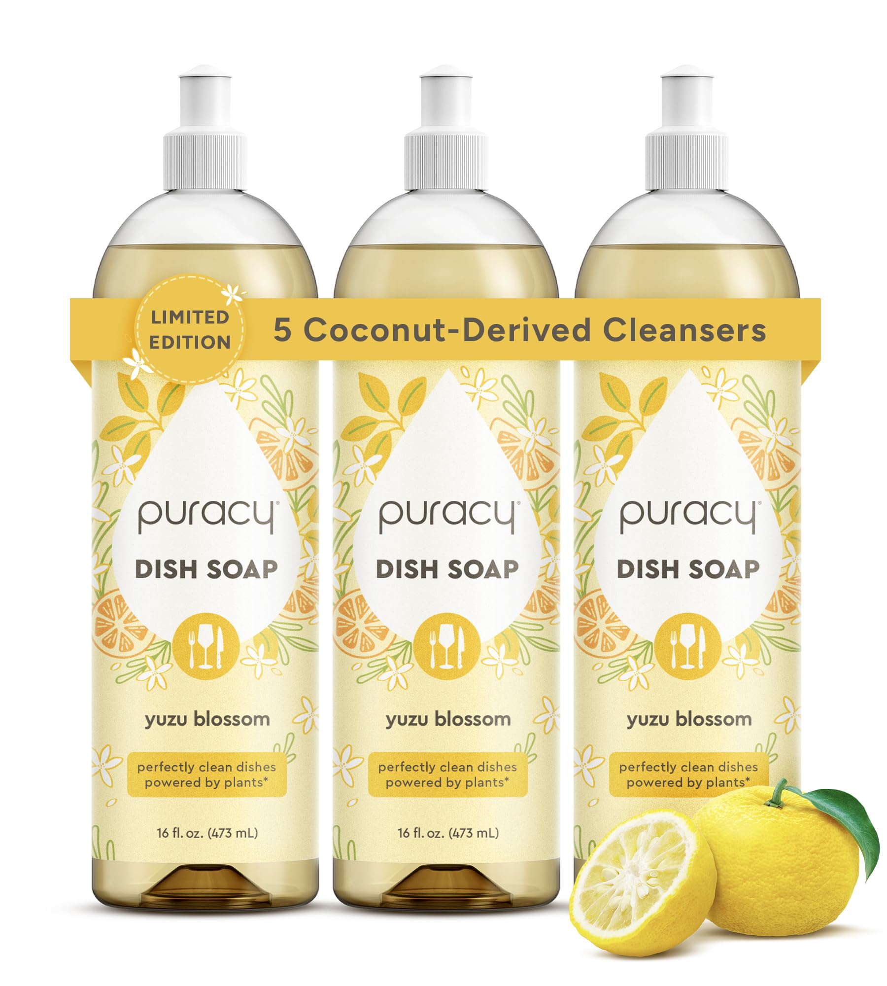 Puracy Natural Dish Soap - Skin-Softening Dishwashing Soap, Non-Toxic Dish Soap, Organic Liquid Dishwashing Detergent Soap, Coconut-Derived Cleanser (Yuzu Blossom, 16 fl oz, 3 Pack)