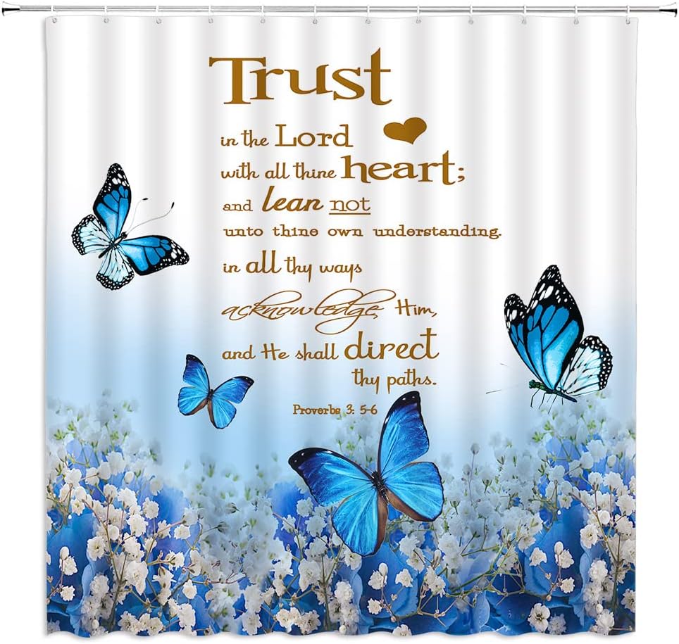 GCTNBJL Inspirational Quote Shower Curtain Teal Flower Butterfly Trust in The Lord Motivational Words Nature Creative Rustic Bathroom Decor Fabric Curtain with Hooks