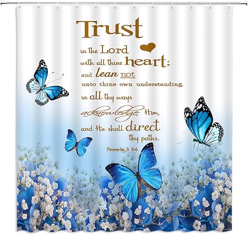 Miniatura 8 de GCTNBJL Cortina de ducha con frase inspiradora, con frase en inglés "Trust in The Lord", rústica, granja, floral, flores amarillas, mariposa,