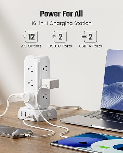 Miniatura 9 de SUPERDANNY - Torre de regleta de alimentación, 12 salidas con estación de carga USB de 35 W (2 USB-A y 2 USB-C), 1625 W13 A, protector de