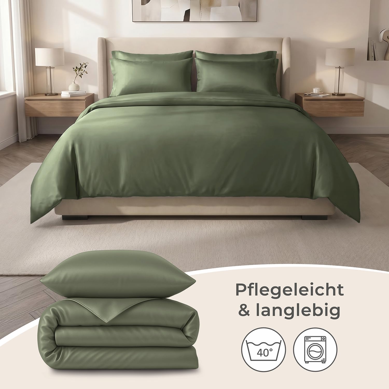 LAYNENBURG Pościel premium Lyocell 135 x 200 + poszewki na poduszki 80 x 80 cm – 100% lyocell Tencel z m.in. eukaliptusa – Öko-Tex 100 – chłodząca pościel letnia z zamkiem błyskawicznym (ciemnozielona