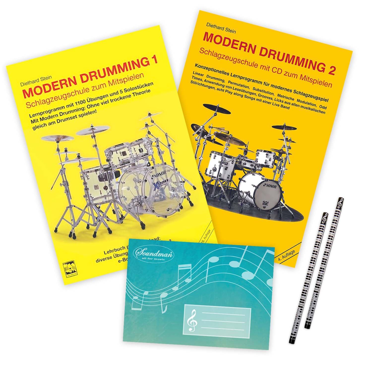 Modern Drumming Band 1 und Band 2: Schlagzeugschule mit 1100 Übungen zum Mitspielen, Solostücken, Play Along-Songs (ISBN: 9783928825245, 9783928825450)