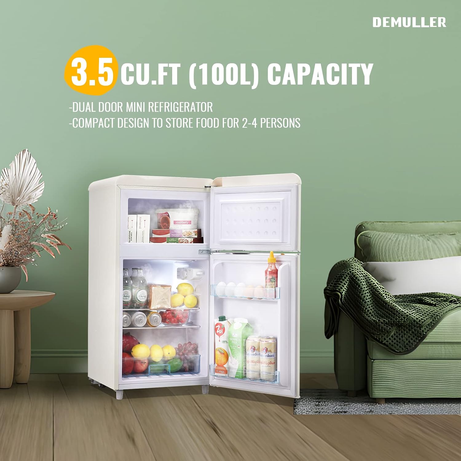 DEMULLER Mini Fridge with doors open, showing freezer and refrigerator compartments