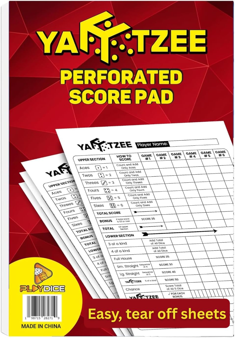 Perforated Yahtzee Score Pads: 120 Easy Tear Off Score Sheets, Large Print, Compatible with Yardzee and Yahtzee Games