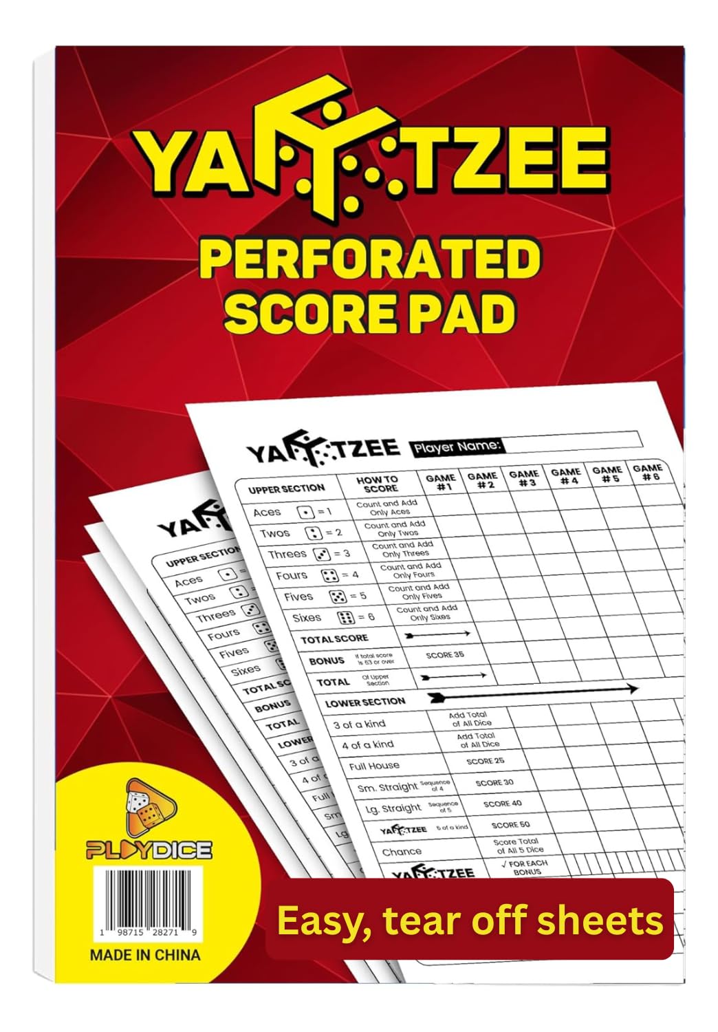 PlayDice Perforated Yahtzee Score Pads: 120 Easy Tear Off Score Sheets, Large Print, Compatible with Yardzee and Yahtzee Games