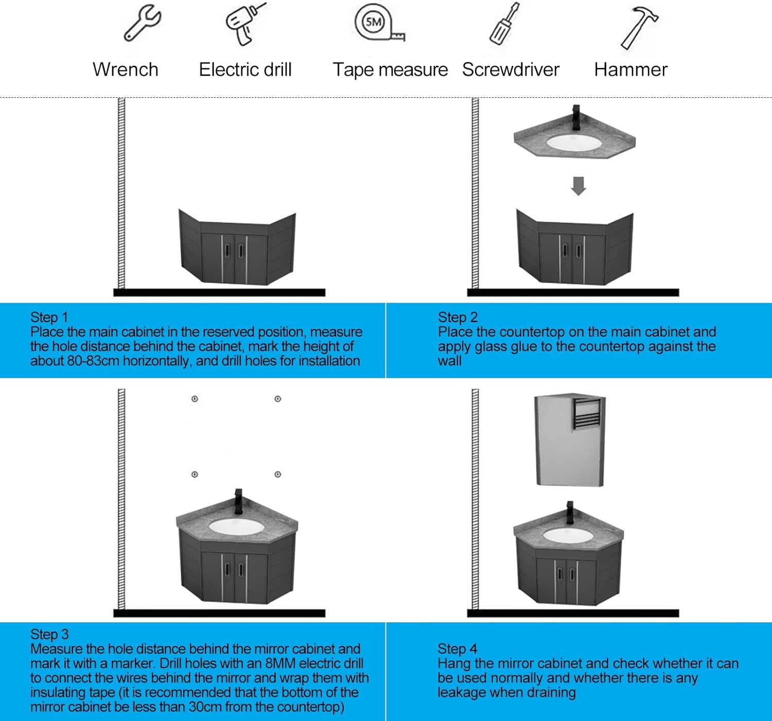 Modern Gray Corner Bathroom Vanity with LED Anti-Fog Mirror, Wall-Mounted Sink Combo for Small Spaces, Stylish Storage Cabinet for Home and Apartment Use