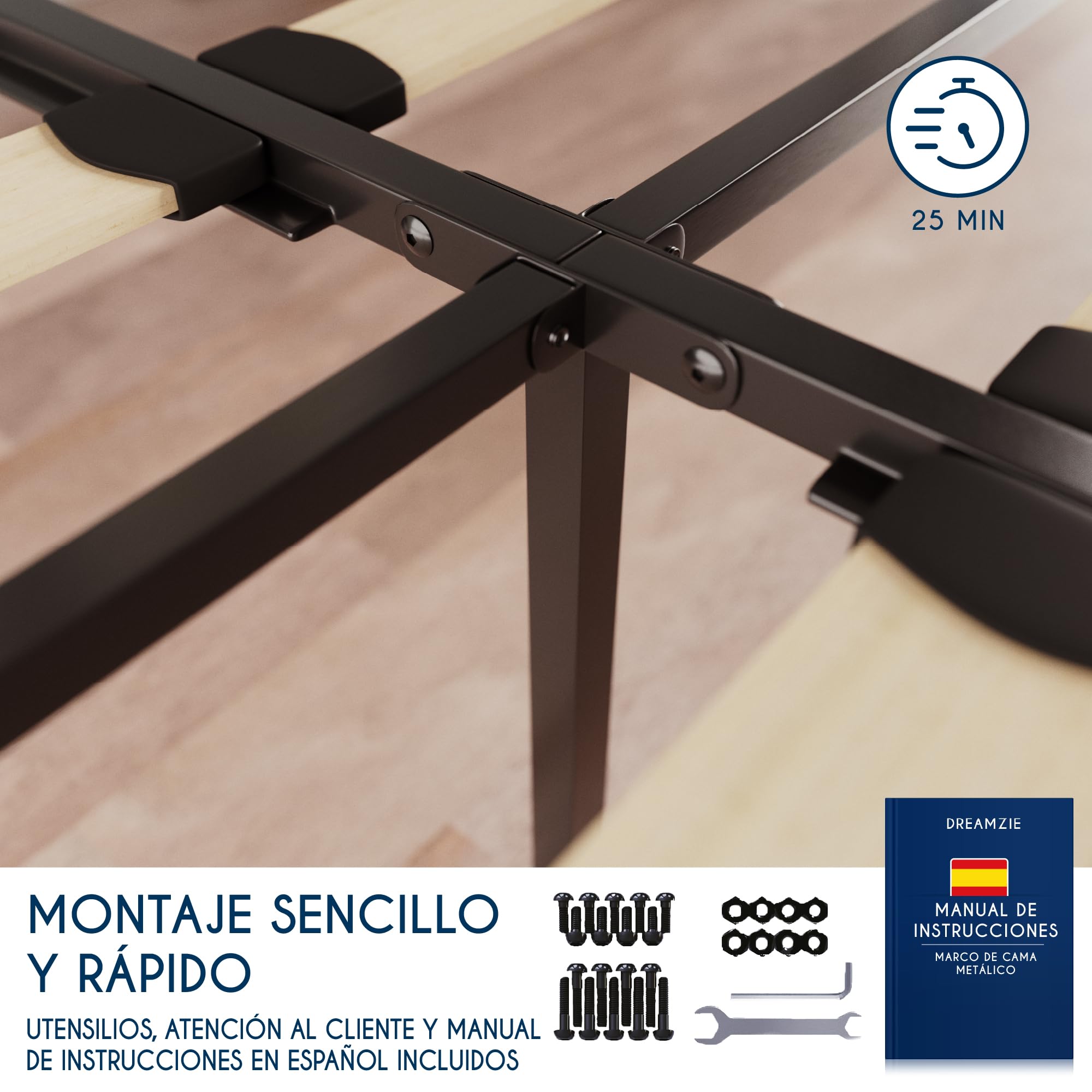 Dreamzie Somier 140x190 cm - Somier para Cama con Patas -Láminas Madera y Estructura de Tubos de Acero - Altura de 41 cm - Base Resistente - Montaje Sencillo