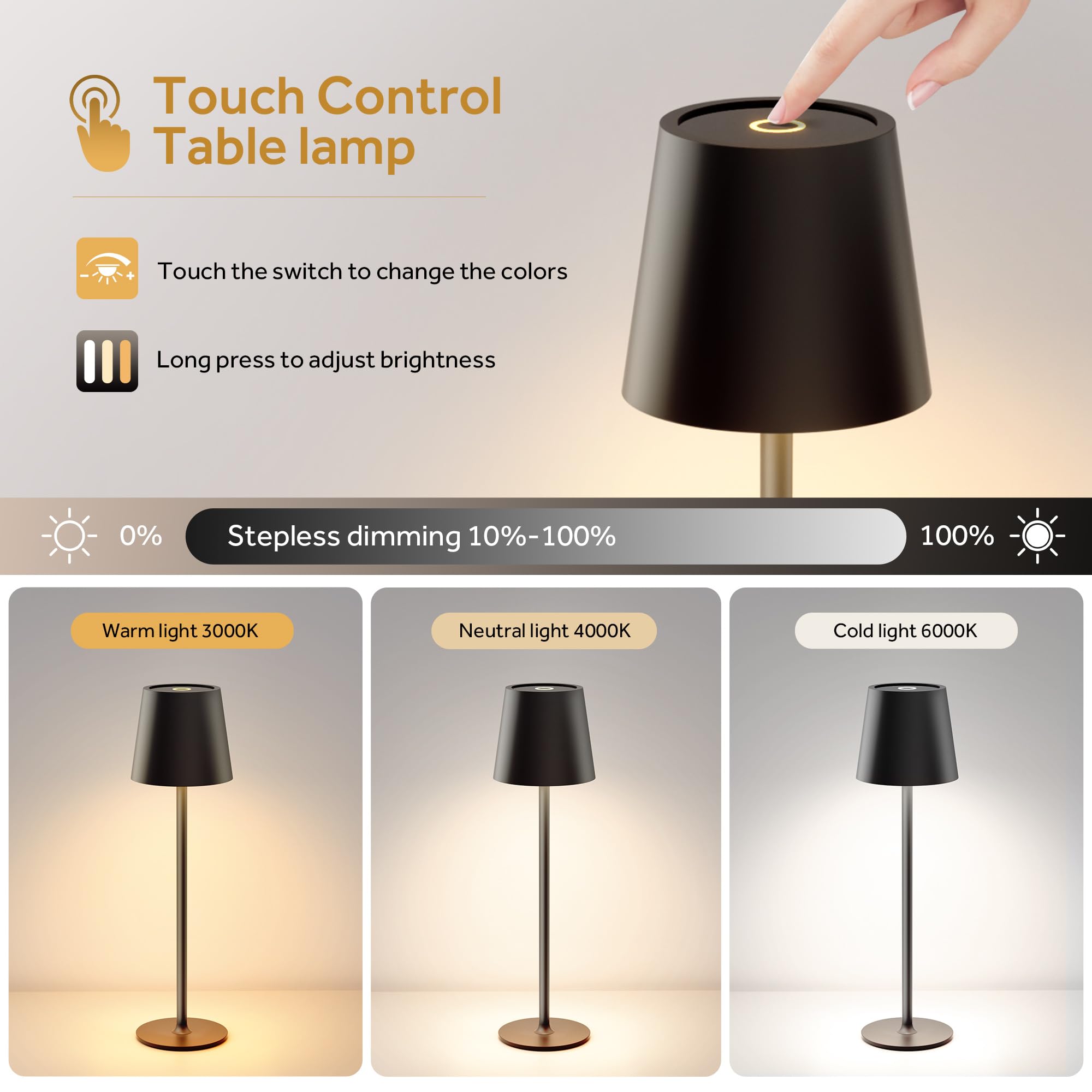 DEELUX Lampada da Tavolo Senza Fili Touch Dimmerabile Ricaricabile Luce Notturna Lampada da Comodino USB-C IP44 3 colori 4000mah Metallo Adatto per interni ed esterni nero 1 pezzi