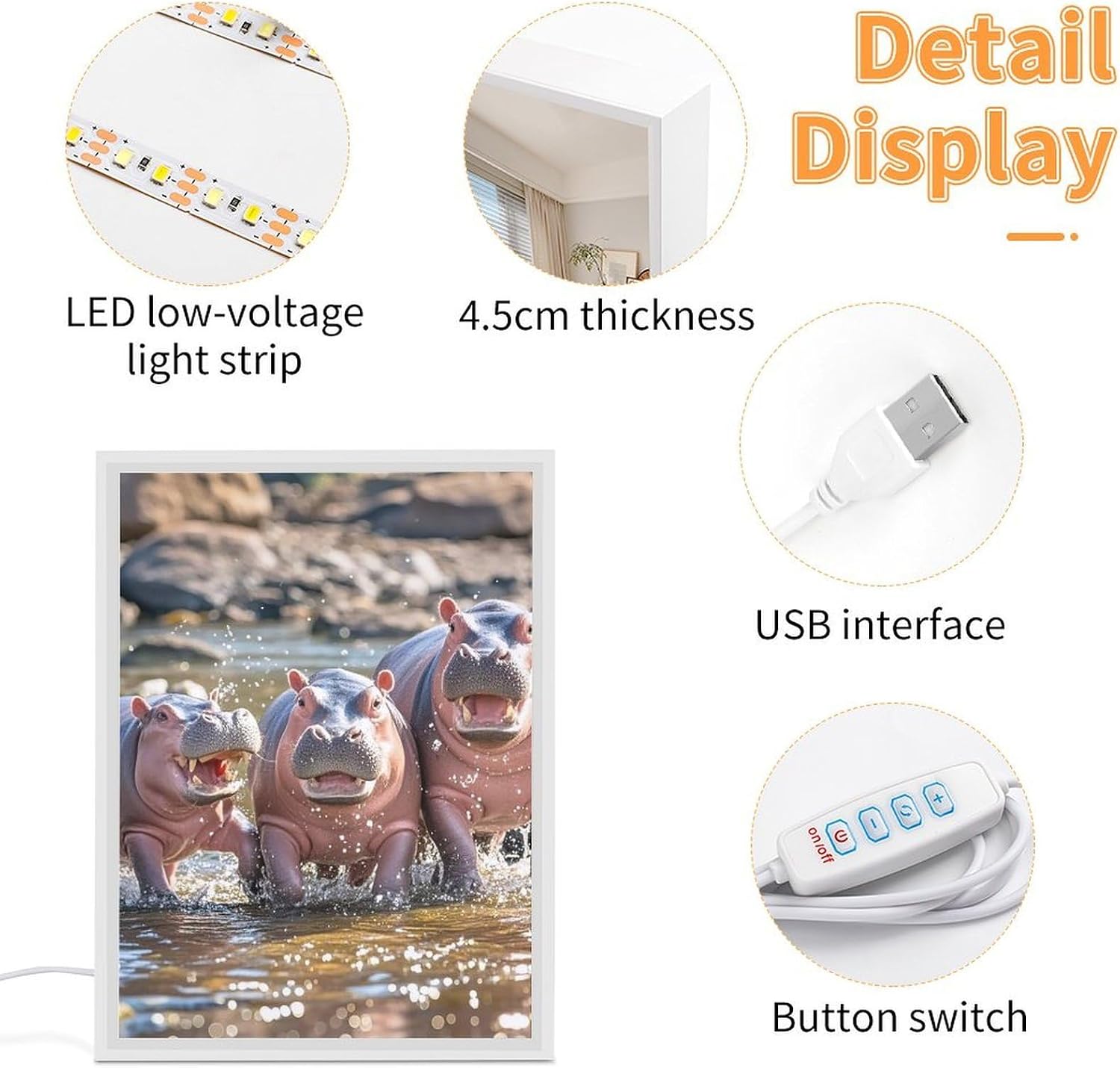 Baby Hippos Vanity Mirror with Lights Portable Lighted Beauty Mirror Three Color Lighting Modes Dimmable LED Lighted Decoration Desk Mirrors for Vanity Desk Bedroom image 4