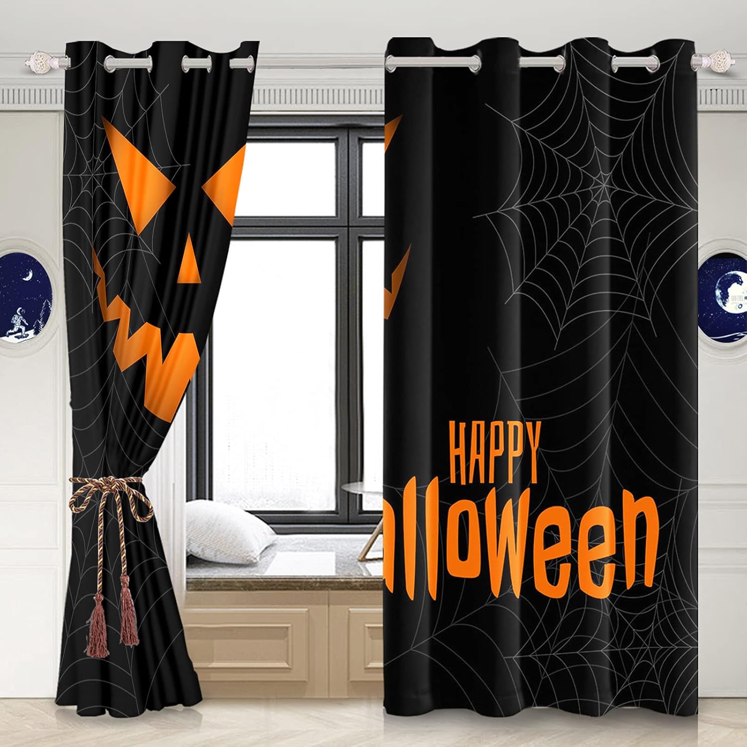 Yeele Happy Halloween Blackout Curtain Black Background Grey Spider Net Curtain for Kids Bedroom Thermal Insulation Living Room Curtains,26x63in(2panels)