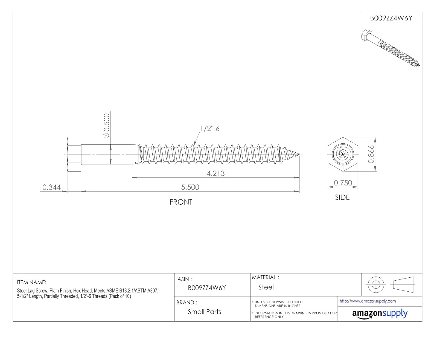 Steel Lag Screw, Plain Finish, Hex Head, Meets ASME B18.2.1/ASTM A307, 5-1/2" Length, Partially Threaded, 1/2"-6 Threads (Pack of 10)