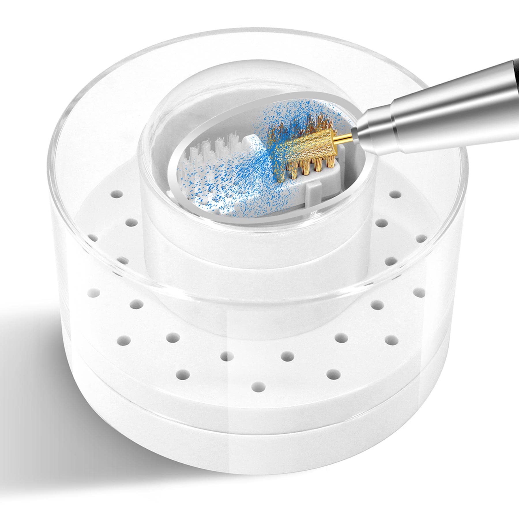 2 in 1 Nail Drill Bits Holder and Cleaner 30 Holes Organizer Display Stand Transparent Cover Non-Slip Base - White