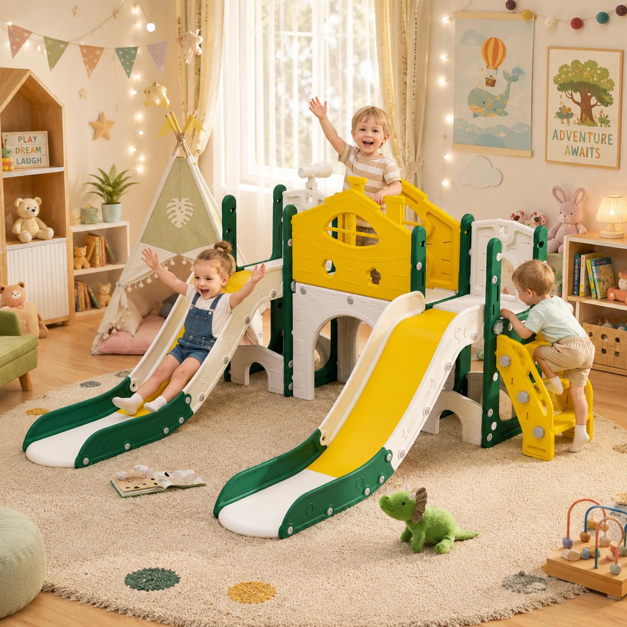 Kinderrutsche 7 in 1, Babyrutsche für drinnen und draußen, mit Spielplatz, Doppelrutsche mit Basketballkorb, lange Rutsche und freistehende Kletterstruktur (Gelb, B)