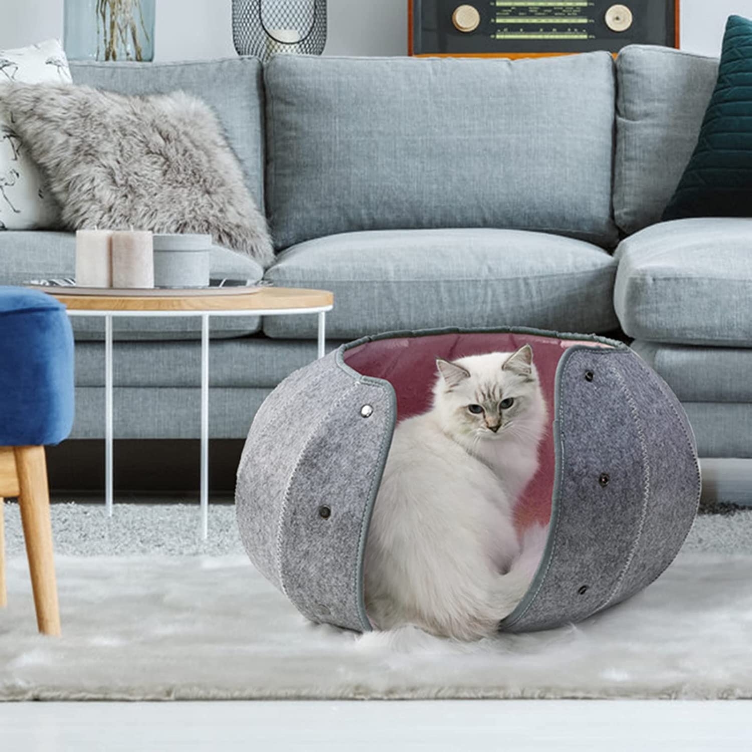 Camas para gatos de interior, plegable y lavable, de fieltro, cama cueva de gato, resistente a los arañazos, cómoda casa de gato, juguete (rosa)