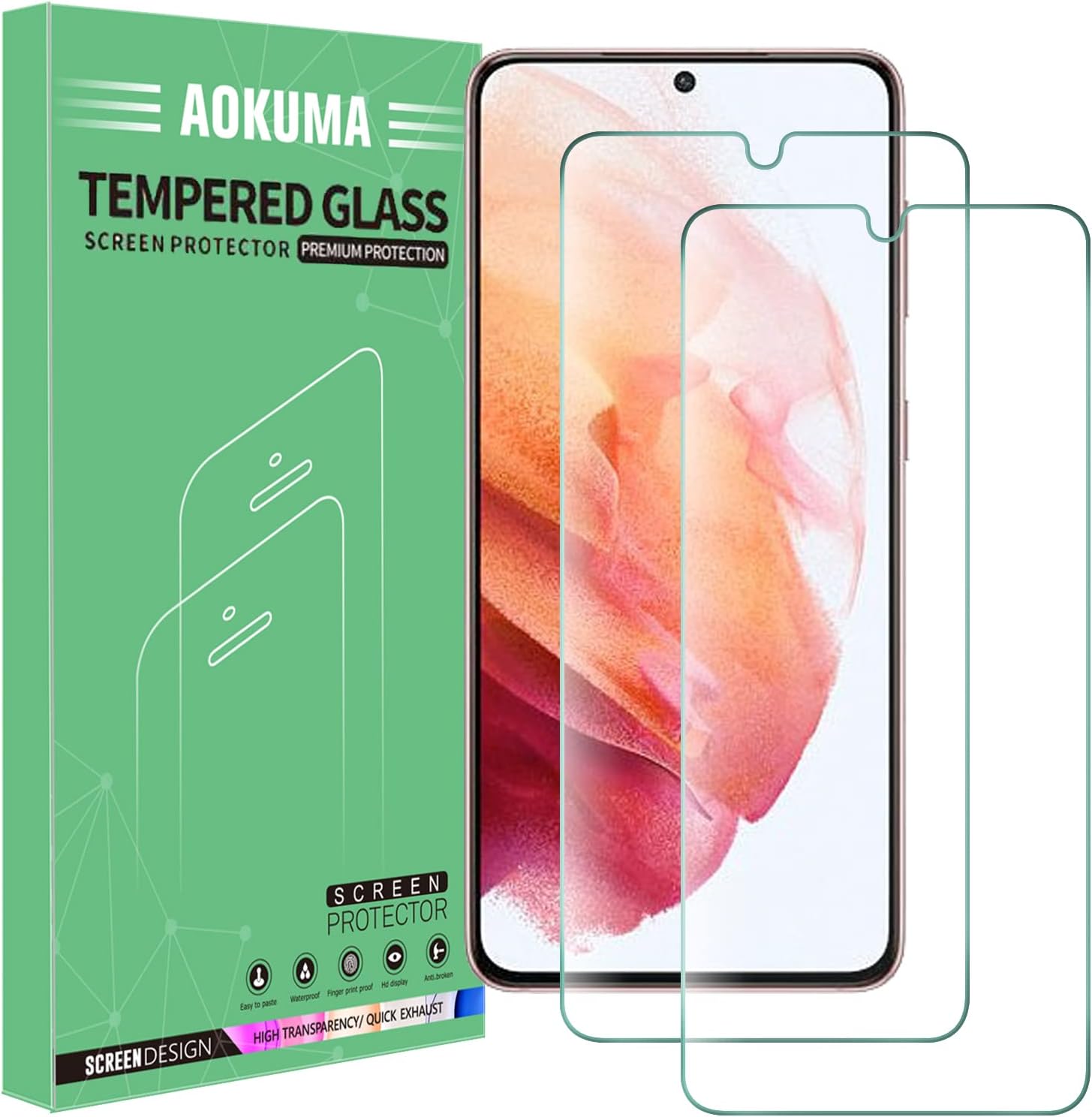 – AOKUMA Tempered Glass for Samsung Galaxy S21 5G Screen Protector, [2 Pack] Premium Quality Guard Film, Case Friendly, Shatterproof, Shockproof, Scratchproof oilproof