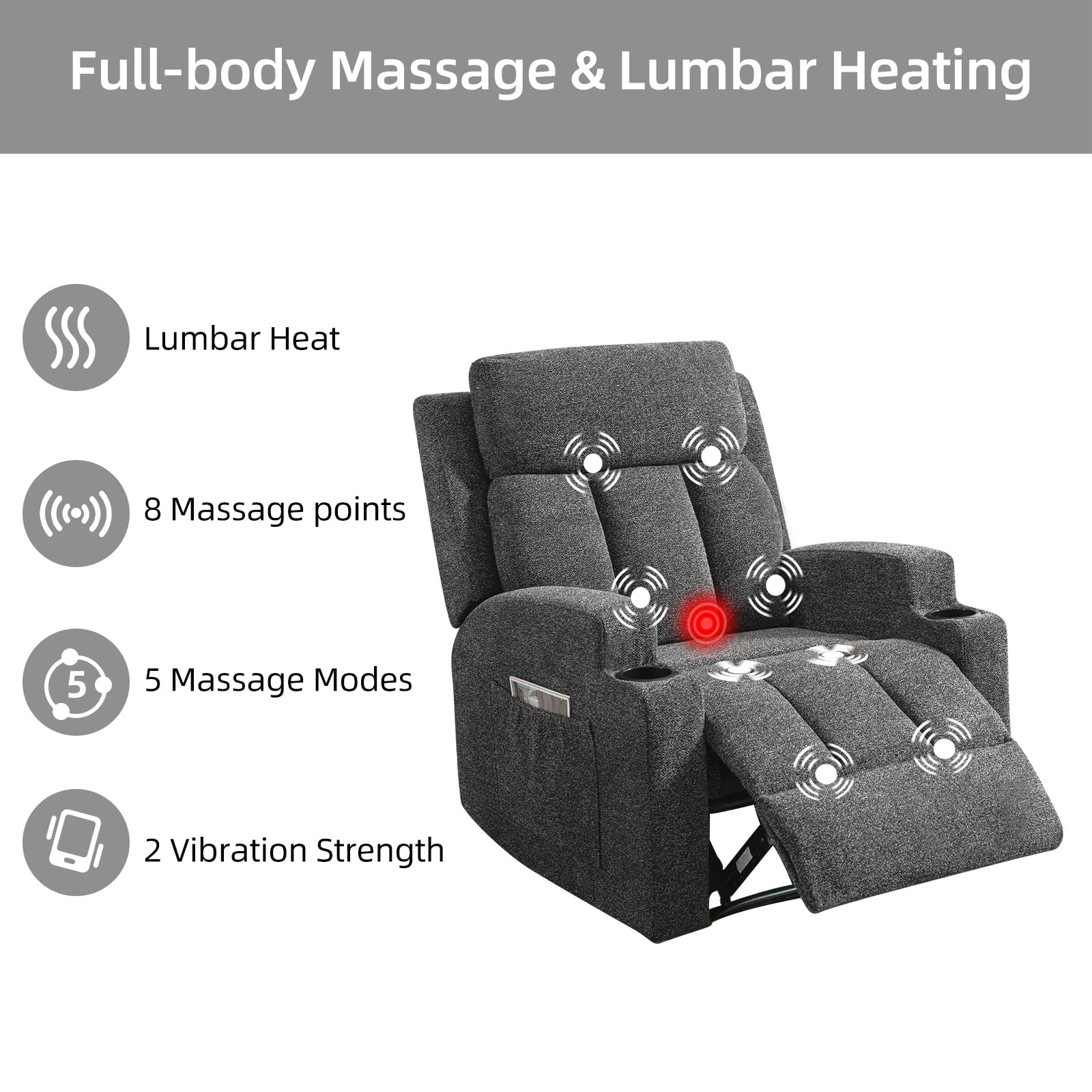 CANMOV Manual Recliner Sofa Set, Fabric Recliner Living Room Furniture Sets, 1 Seat Reclining Chair and a 3 Seat Sofa Furniture Set with Side Pockets and Cup Holders, Dark Grey view 6