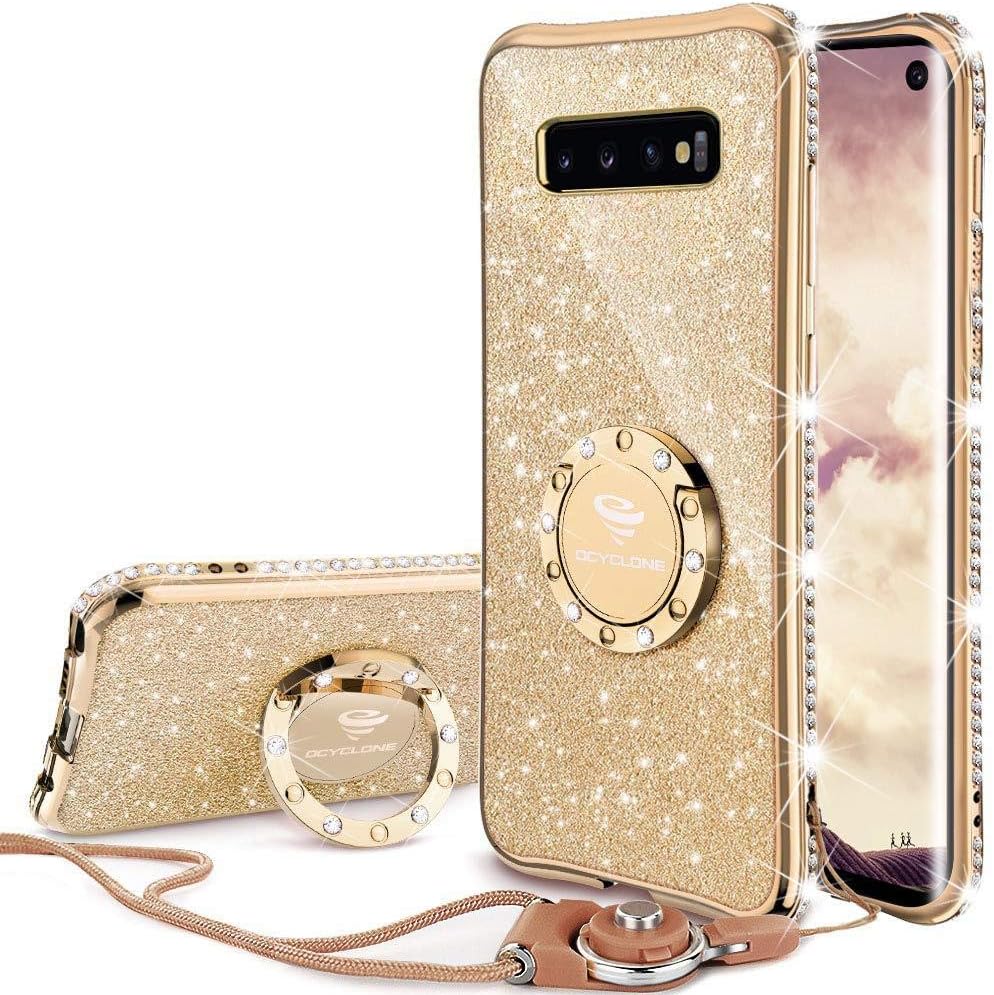 OCYCLONE Galaxy S10 Case, Glitter Luxury Cute Phone Case for Women Girls with Kickstand, Bling Diamond Rhinestone Bumper with Ring Stand Compatible with Galaxy S10 Case for Girl Women - Gold