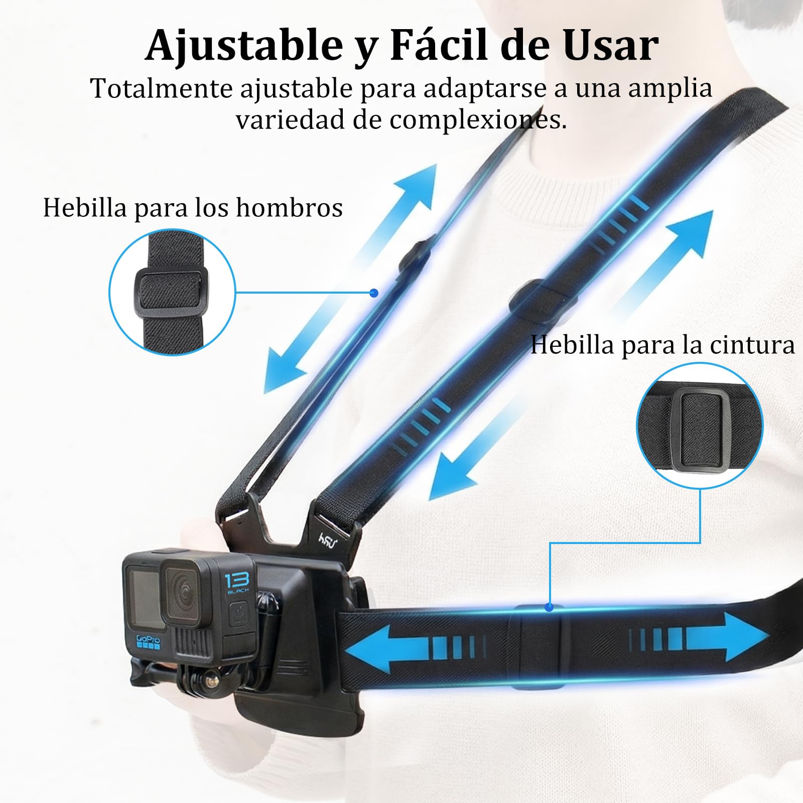 HSU Soporte de pecho ajustable correa de pecho para cámaras de acción, con cierre rápido J-Hook Clip y soporte vertical adaptador de cámara, grabación POV Set de accesorios para senderismo, esquí y