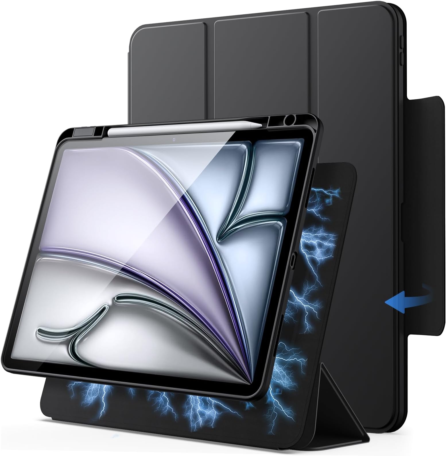 JETech Magnetic Detachable Case for iPad Air 13 inch M4/M3/M2 (2026/2025/2024) with Pencil Holder - Detachable Rotating Clear Cover with Portrait / Landscape Stand and Raised Screen (Black)