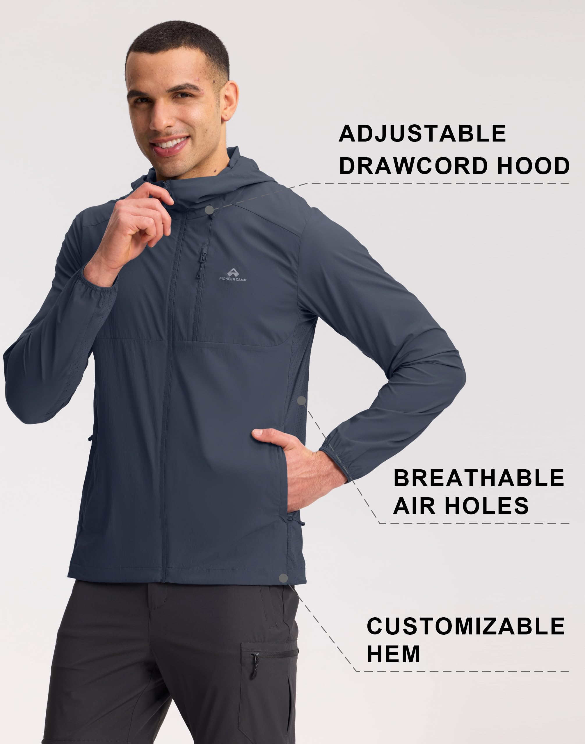 Pioneer Camp Laufjacke Herren Sommer Leichte Atmungsaktiv UV Sonnenschutz Jacke UPF 100+ Wasserabweisend Sun Running-Jacken mit Kapuze und Mehrere Taschen für Wandern Radfahren Reisen