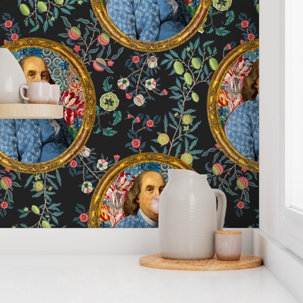 Spoonflower Removable Wallpaper 3ft x 2ft - Bubblegum Ben Franklin President Floral Print Charcoal Novelty Custom Pre-Pasted Wallpaper