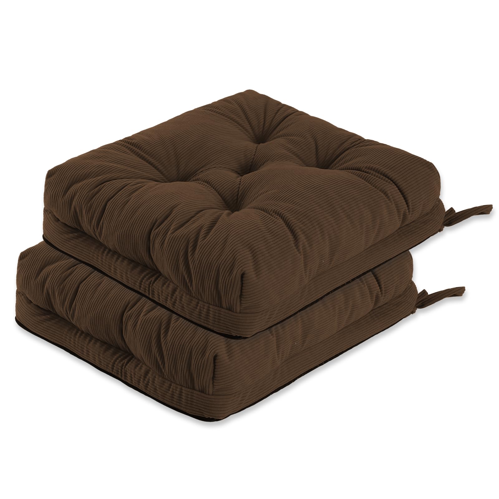 PRIMEPATIO Chair Cushions for Dining Chairs Set of 2, Tufted Overstuffed Textured Booster Foam Chair Pad with Ties and Non-Slip, 8cm Thick Seat Cushions for Kitchen, Garden, 40x40cm, Brown