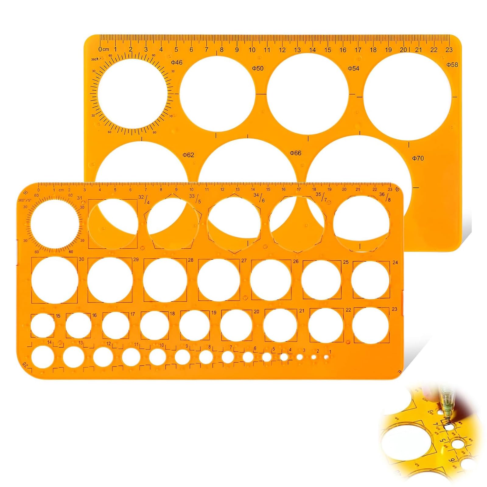 2 Piezas Plantillas Para Dibujar,Plantilla Circulos,Reglas Dibujo Tecnico,Plantilla Elipses Isometricas,para Medir Reglas Círculo Geométrico Plantillas de Dibujo(Naranja Transparente)
