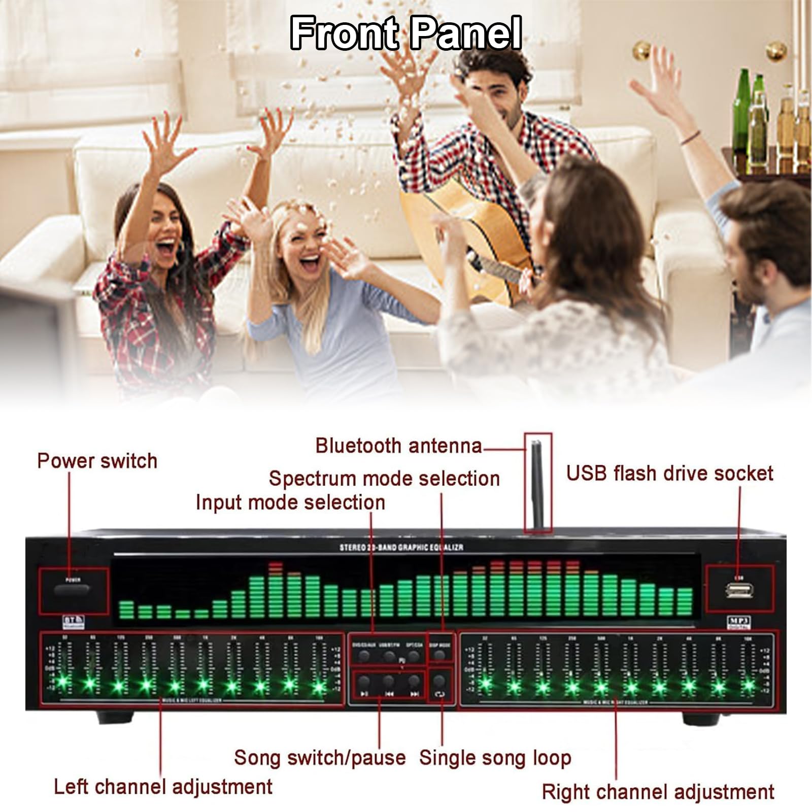 Ecualizador gráfico estéreo de 31 Bandas, decodificación de Audio Digital óptica coaxial Bluetooth 5.4, reducción de Ruido, 12 Patrones de Ritmo, para Estudio de grabación（EQ8000）
