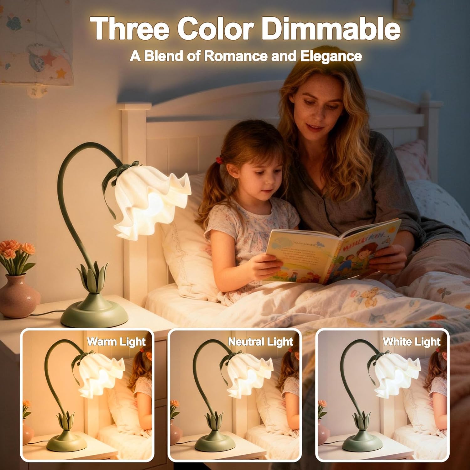 Flower Lamp LED Reading Light - Flower Table Lamp 3 Color Modes, Vintage Desk Lamp with E26 Bulb, Bedside Lamps for Bedroom, Living Room, Home Decor