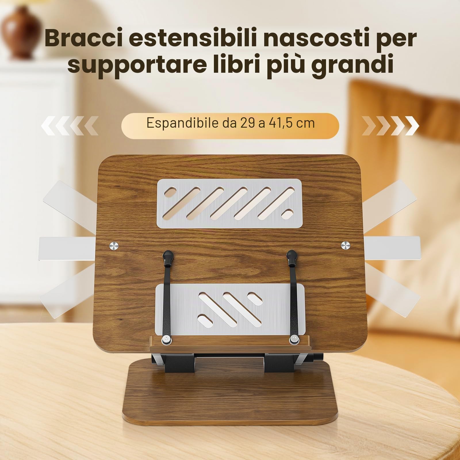 supporto per libri di lettura regolabile in legno, flessibile pieghevole a 180° per libri di cucina con clip di pagina