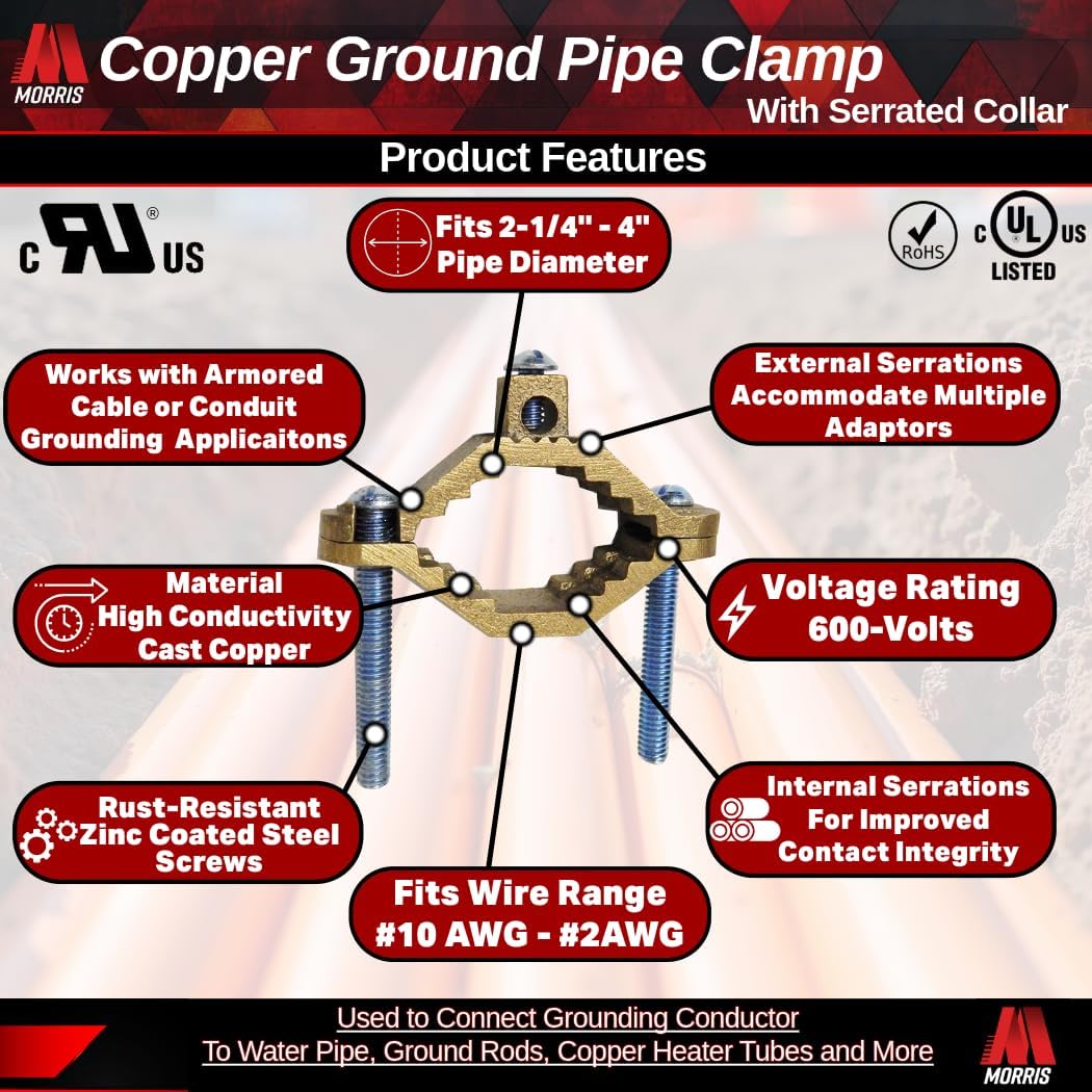 Morris Products 91664 Ground Pipe Clamp, with Adaptor Serrations, 2-10 Wire Range, 2-1/4" - 4" Water Pipe Range