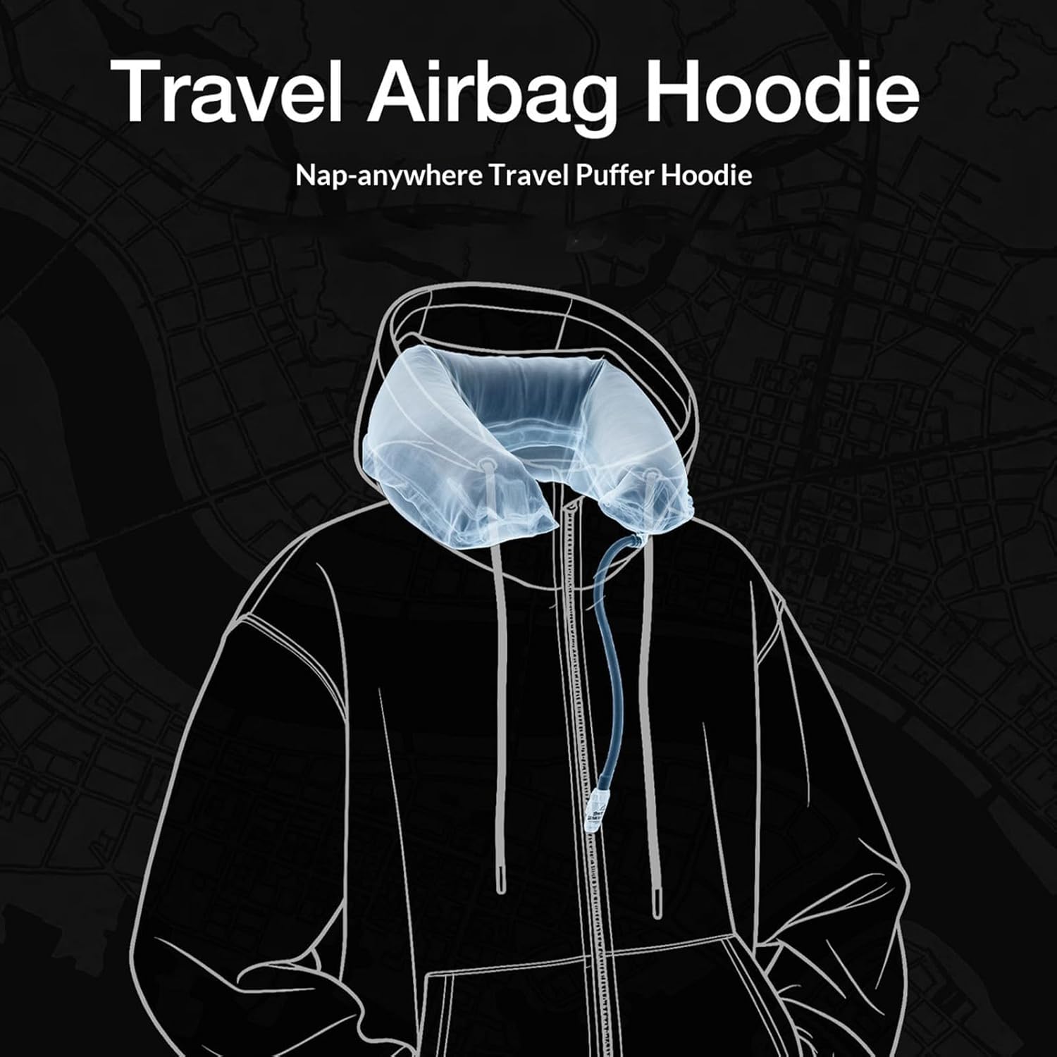 Airplane Hoodie Built-In Inflatable Neck Pillow Casual Zip Up Hoodies Oversized Sweatshirt For Long Flights