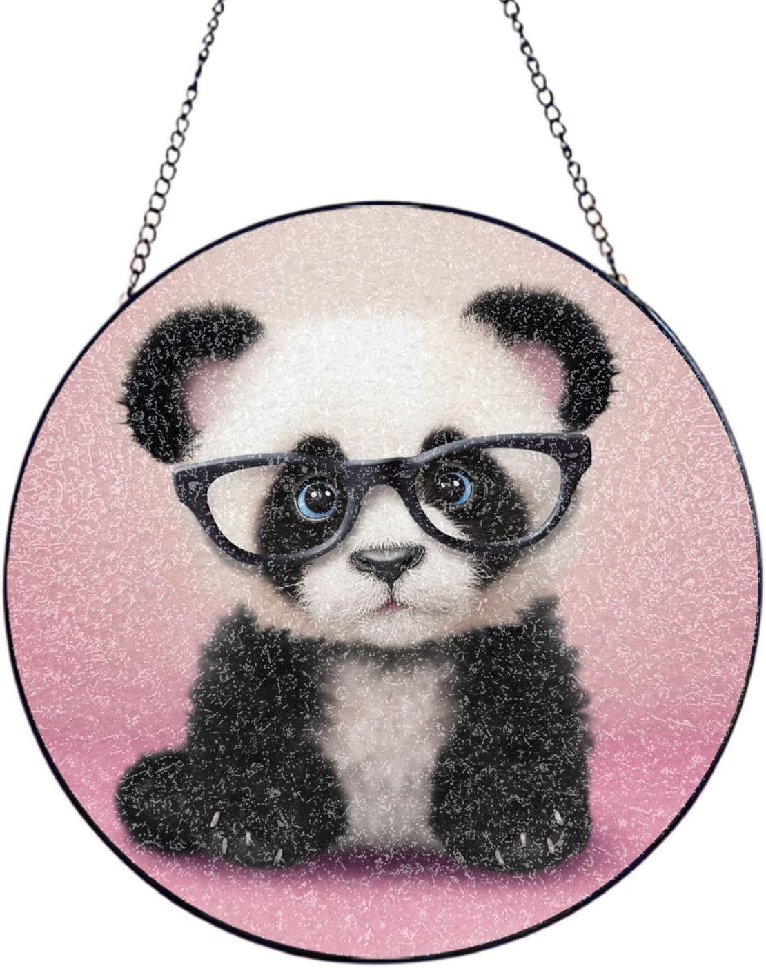Baby Panda with Glasses Stained Glass Suncatcher for Window Hanging Sun Catcher Ornament for Women Men Suncatcher for Home Decor, 6in（15cm） Round Glass Ornament for Mother's Day Birthday Gift