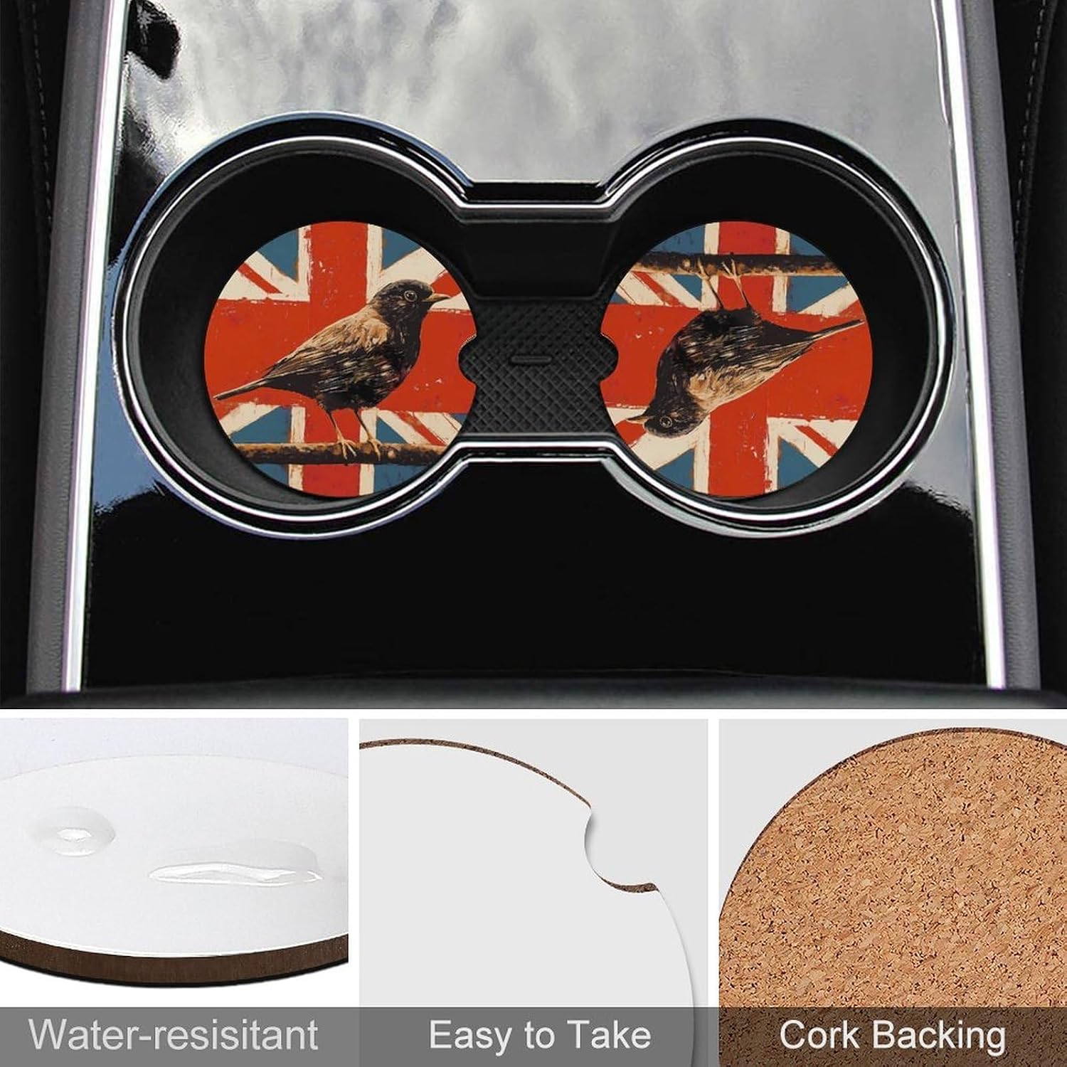 British Bird United Kingdom Flag Car Cup Holder Coaster with Cork Base 2.6 Inches Anti Slip