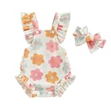&ZeroWidthSpace;Infant Baby Girl Summer Clothes Outfits Cute Print Fly Sleeve Romper Jumpsuit Bodysuit with Headband
