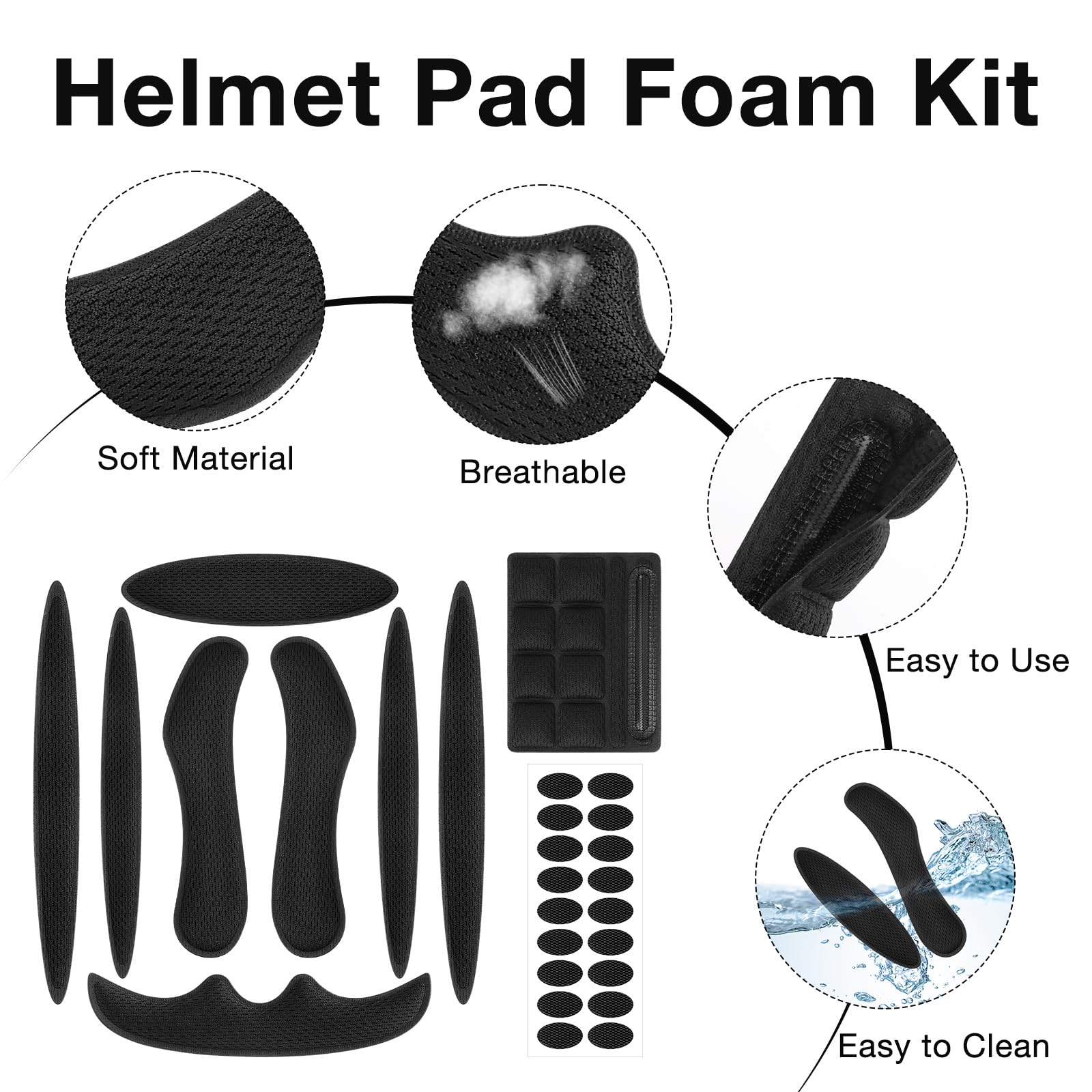 Imbottitura Casco Bici Set da 2, Cuscinetti in Schiuma con Kit di Chiusura a Strappo, Imbottiture di Ricambio Universali per Caschi da Bici, Accessori Casco Nero