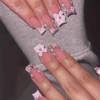 French Tip Press on Nails Medium Length Fake Nails 3D Bow Flower Design Nude Color French Nail Tips Charms Nails Rhinestones Nails for Women Daily Wear Cute False Nails 24Pcs