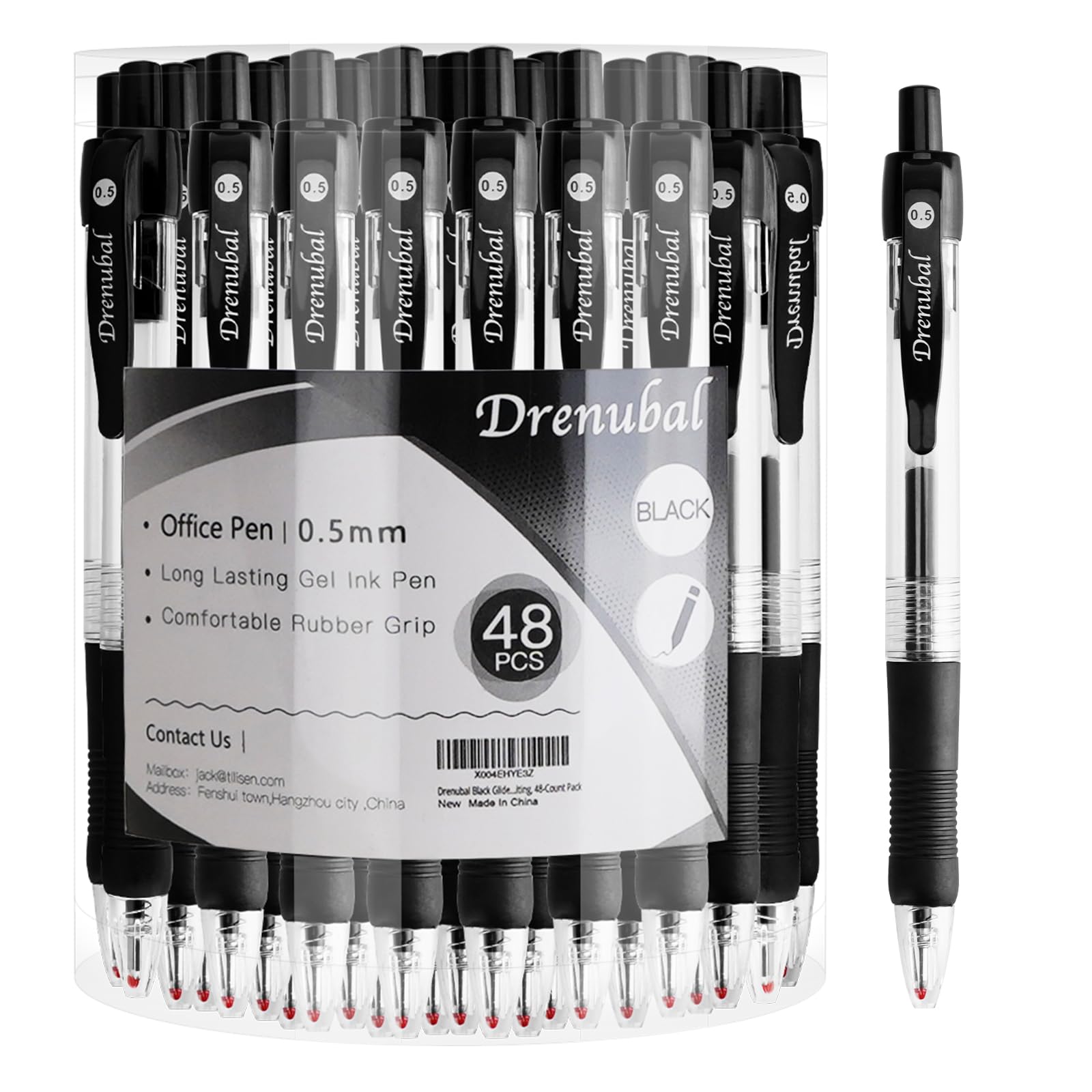 Drenubal Black Glide Retractable Ball Pens, Medium Point (0.5mm), Comfortable Rubber Grip For Writing, 48-Count Pack