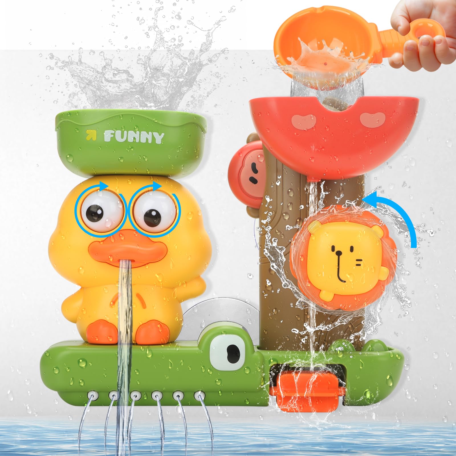 Withosent Badewannenspielzeug für Kinder 2 3 4 Jahre, Ente Badespielzeug mit 2 Saugnäpfen, Interaktives Wasserspielzeug Kinder, Wasserrad Badewannen Löwe für Junge Mädchen Baby Geburtstag