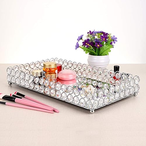 Miniatura 7 de Hipiwe Bandeja de maquillaje de cristal para cosméticos, bandeja grande con espejo para tocador, bandeja organizadora de joyas, bandeja decorativa
