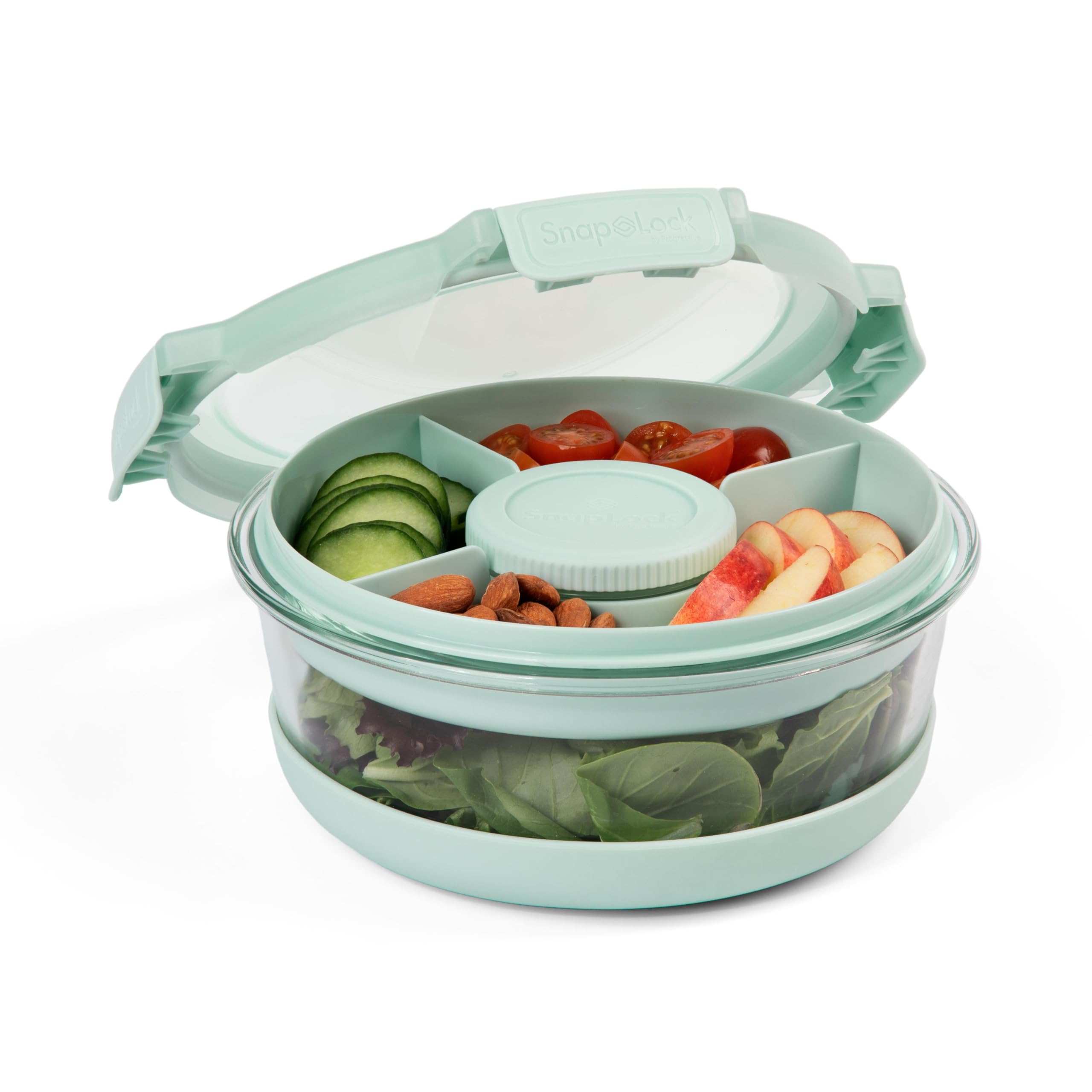 SnapLock Glass Food Storage Salad Container with Divided Upper Tray and Dressing Container, Used for Meal Prep or Lunch On-The-Go, Mint