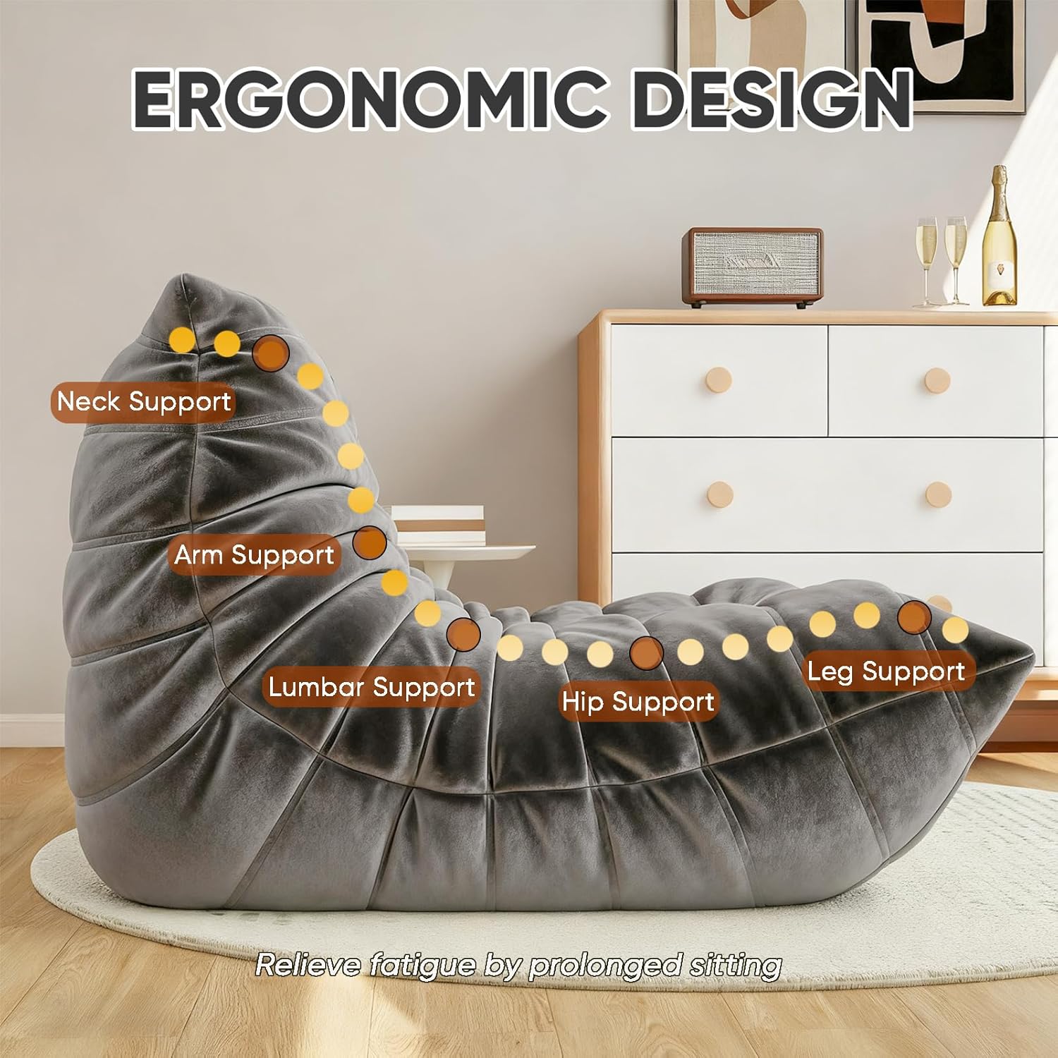 Bean Bag Chairs for Adults - Comfy Foam Bedroom Floor Sofa, Adult Size with Soft Velvet Boneless Beanbag Couch, Versatile for Living Room, Dorm, College, Reading & Gaming (Grey) - Image 5