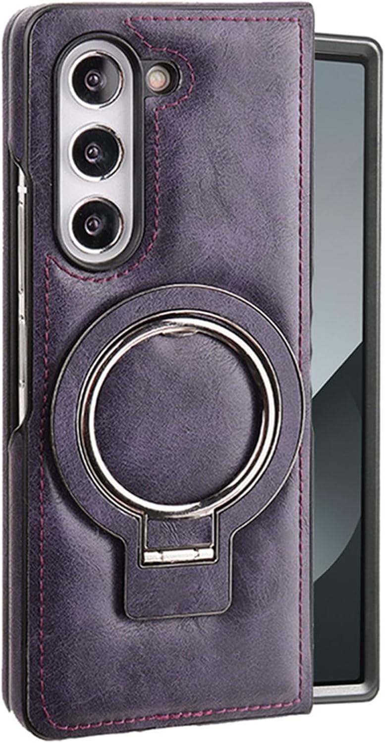 Purple, Leather Case for Samsung Galaxy Z Fold 6, Adjustable Metal Ring Holder Stand Phone Cover Retro Supports Wireless Charging