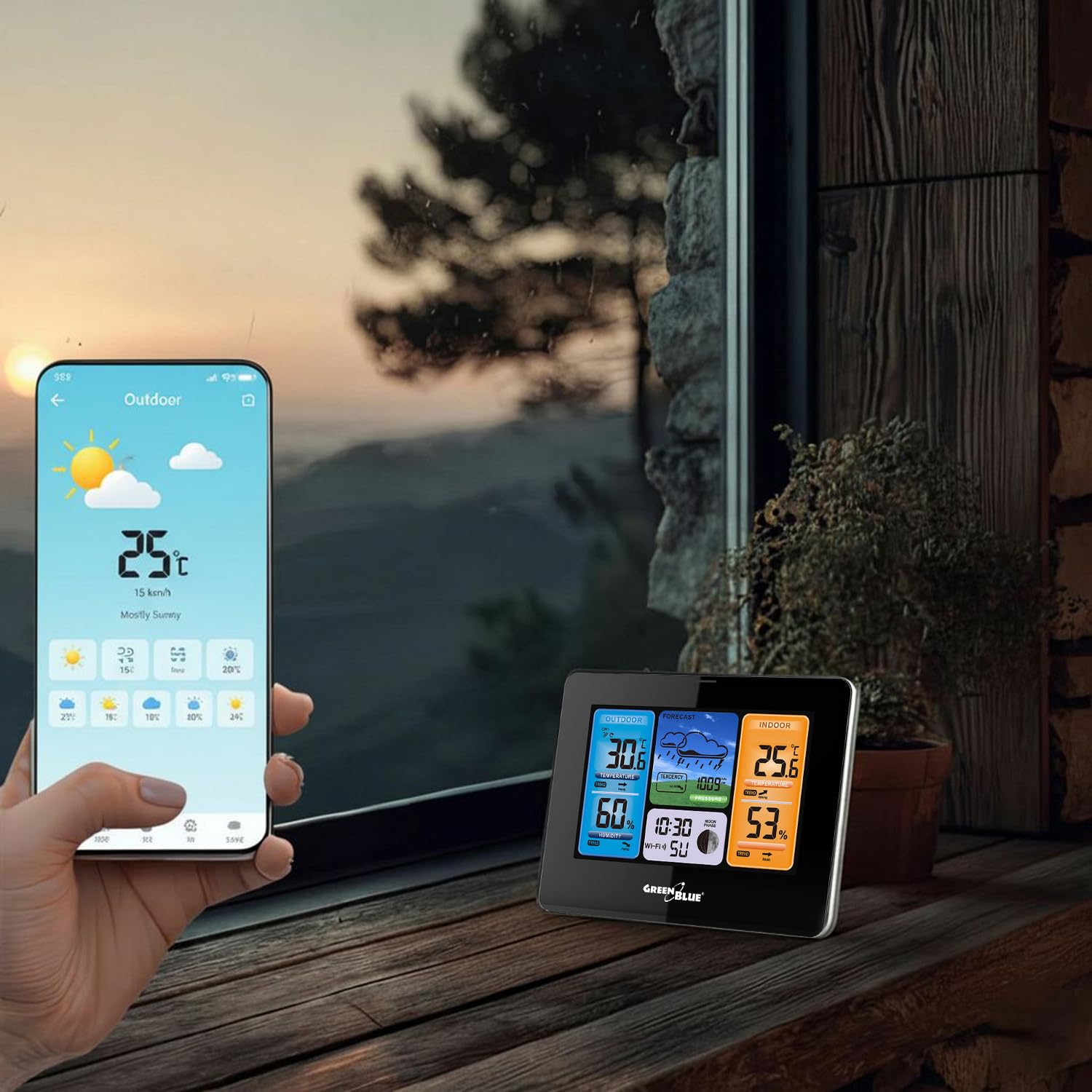Green Blue GB215 Stazione meteo wireless con Wi-Fi compatibile con TUYA, Sensore esterno Calendario Pevisioni meteo Barometro