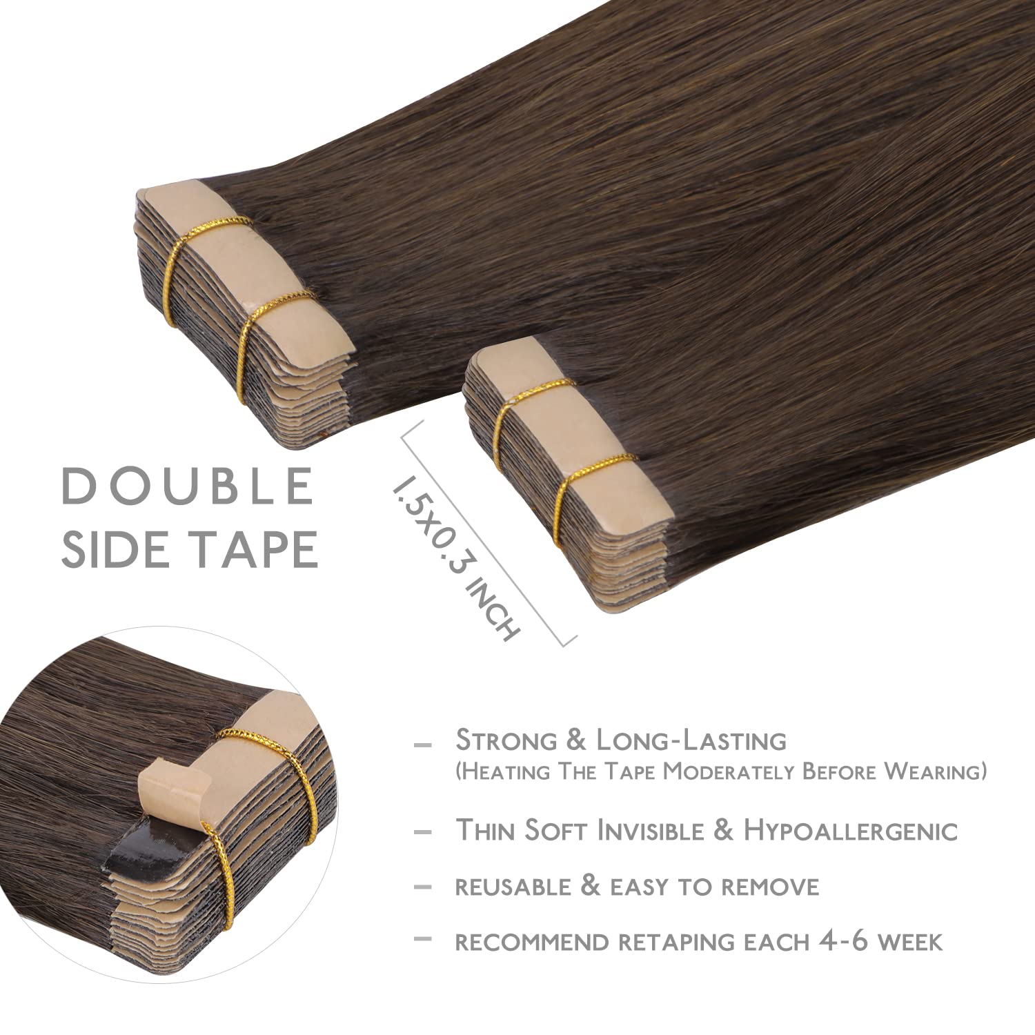 WENNALIFE Tape-In Real Hair Extensions, Real Hair, Pack of 20, 50 g, 35 cm / 14 Inches, Light Dark Brown, Remy - Image 3